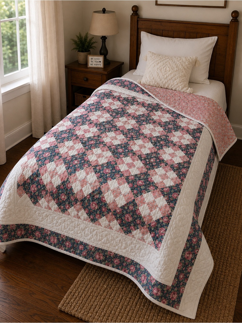 Handmade Floral Patchwork Cotton Quilt - Pink & Navy
